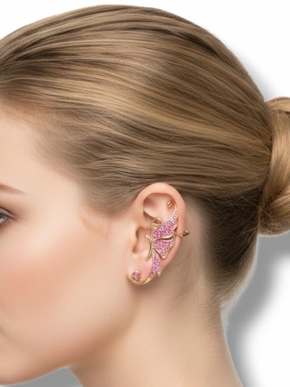 Gold Pink Butterfly Ear Cuff Wrap Rhinestone Crawler NWT